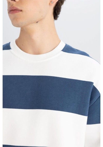 Defacto Boxy Fit Bisiklet Yaka Çizgili Sweatshirt A9066AX24AUBE88 Mavi