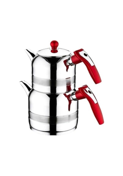 Kahramanlar 4501 Yağmur Orta Boy Çaydanlık 1.4+2.2 Lt Çelik - Kırmızı