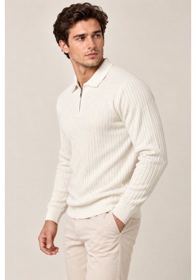 Erkek Polo Yaka Yarım Fermuarlı Önü Fitilli Slim Fit Akrilik Pamuk Triko Kazak Beyaz