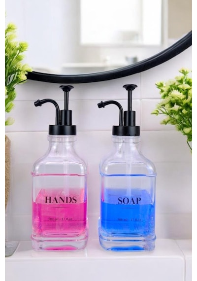 Digithome 2 Li Cam Sıvı Sabun Ve Losyon Etiketli Siyah Tıpalı Deterjan Şişesi Sabunluk 500 Ml - F/12 C1-1-289
