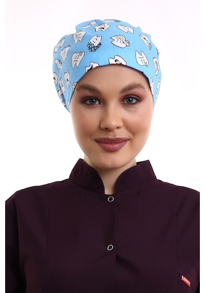 Mavi Diş Tesettür Desenli Cerrahi Bone - Tesettür Doktor Hemşire-Standart-4111 Mavi Diş
