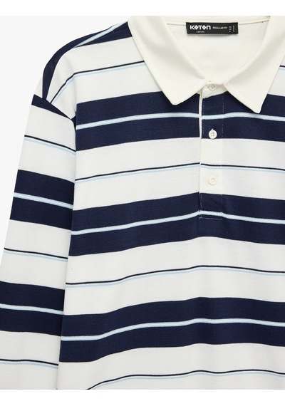 Koton Polo Yaka Düğmeli Uzun Kollu Çizgili Sweatshirt Lacivert Çizgili 6sam70073mk