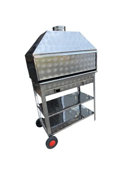 Paslanmaz Kömürlü Mangal 40 X 80 Cm Sürgülü Bacalı Barbekü Tekerlekli Gri