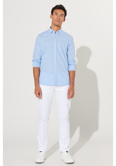 AC&Co / Altınyıldız Classics Tailored Slim Fit Dar Kesim Düğmeli Yaka %100 Pamuk Erkek Gömlek Mavi