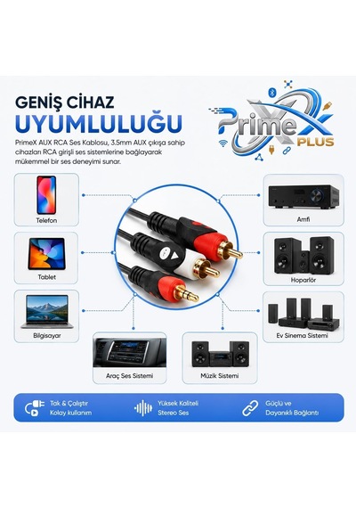 Primex Px-aux3r 3 Metre 3.5mm Aux To 2 Rca Ses Kablosu, Telefon Laptop Pc Tablet Ses Çıkışını Amfi Hoparlör Tv Ses Sistemine Bağlama Kablosu, Kırmızı Beyaz Rca Stereo Audio Kablo