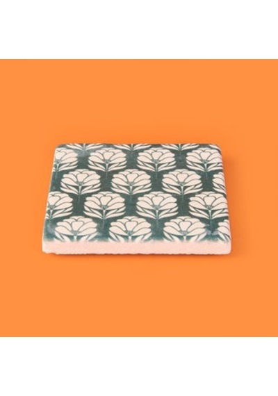 Kitchen Beyaz Çiçekli Taş Bardak Altlığı - Renkli - 10x10 Cm