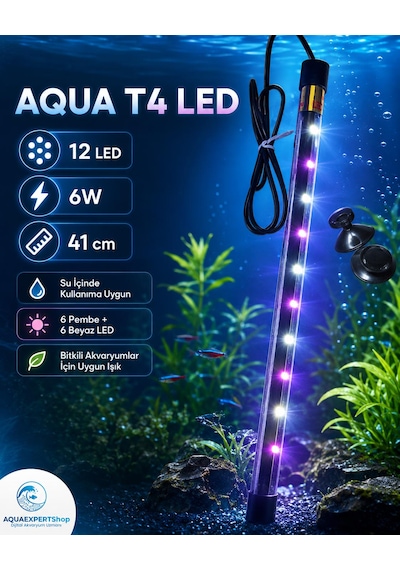 Aqua Akvaryum Işığı - Bitki Işığı - Balık Işığı - Tamamen Su İçinde Kullanılabilir - 12 Led - Pembe Beyaz - 41 Cm - Güçlü Aydınlatma - 6w