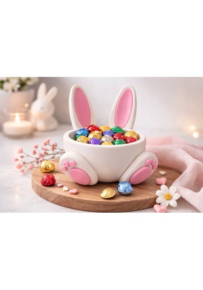Tavşan Kulaklı Dekoratif Şekerlik Pembe Beyaz Bunny Tasarım Çikolata Kasesi Masaüstü Dekoratif