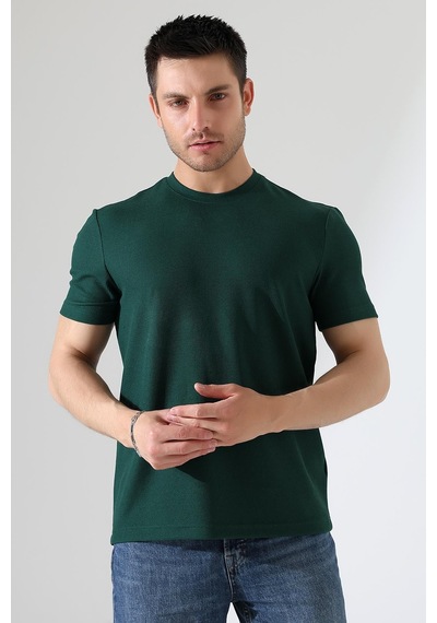 Erkek Fitilli Slim Fit Bisiklet Yaka Düz Renk T-shirt YESIL