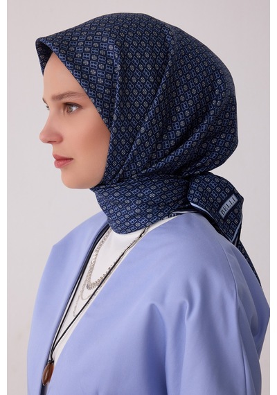 Belli Monogram Desen %100 Twill İpek Eşarp Be18 Lacivert