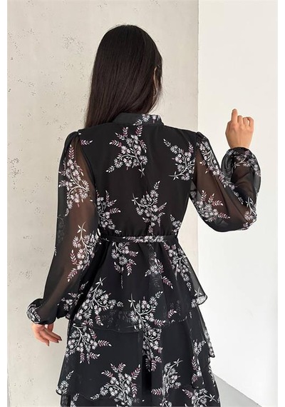 Dip Moda Kadın Yakası Bağlama Detaylı Desenli Şifon Elbise Dpnbk2036 Siyah Dip Moda Kadın Yakası Bağlama Detaylı Desenli Şifon Elbise Dpnbk2036 Siyah