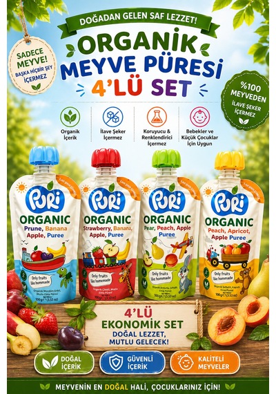 Organic %100 Organik Meyve Püresi 100 G x 4 Karışık Aroma İlave Şekersiz 4'lü Set