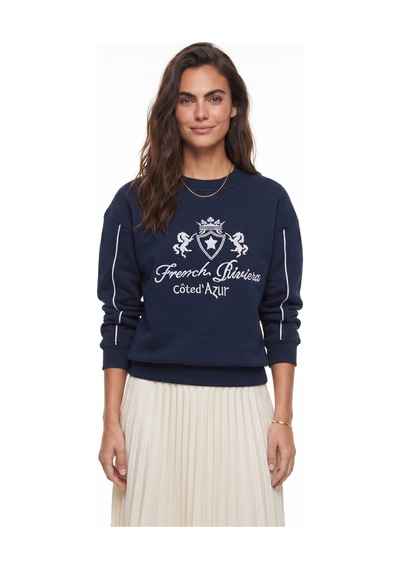 Onloox Kadın Lacivert Lacivert Pamuklu Bisiklet Yaka Şardonlu Üç İplik Nakış İşlemeli Sweatshirt