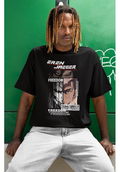 Eren Yeager Freedom Baskılı Unisex Oversize Attack On Titan Anime Siyah