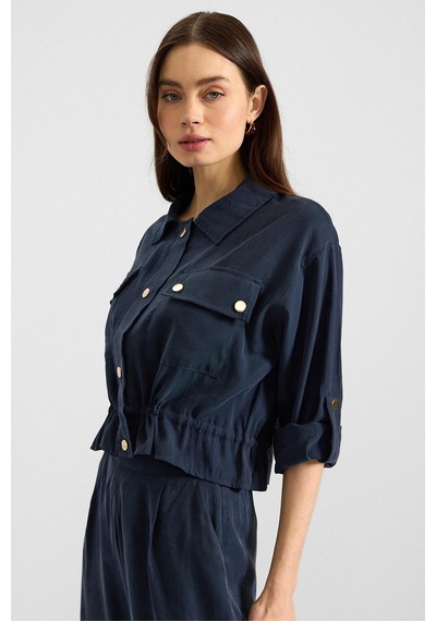 Olcay Metal Çıtçıtlı Crop Modal Ceket Lacivert 8285