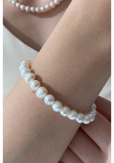 8,5 Mm Sıralı Doğal İnci Bileklik 18 Cm / Beyaz Gümüş