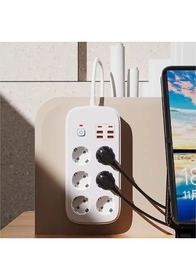 Termal Akım Korumalı 6 Lü Priz 4x Usb 2x Type-c Çıkışlı Grup Priz Çoğaltıcı 3500w Siyah