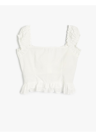 Koton Poplin Bluz Crop Fırfırlı Kalın Askılı Düğmeli Kalp Yaka Beyaz 4sal60170ıw Beyaz