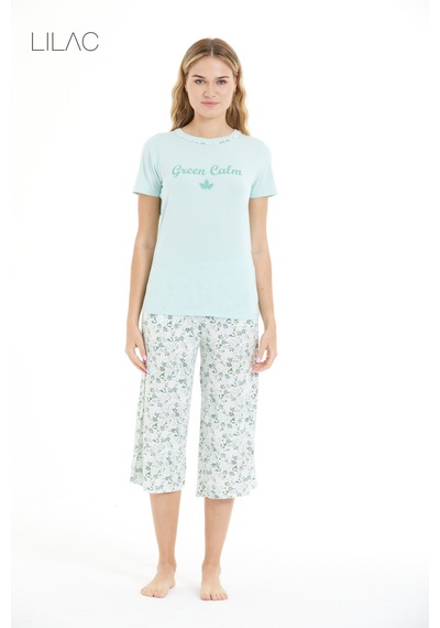 Lılac Kadın Çiçek Desenli %100 Viscon Capri Pijama Takımı Mint Yeşili