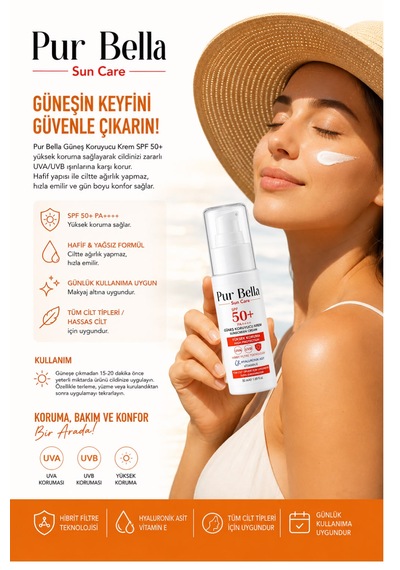 Pur Bella Güneş Kremi Spf+ 50 Leke Karşıtı Nemlendirici Aydınlatıcı Yüksek Koruma E Vitamini 50 Ml