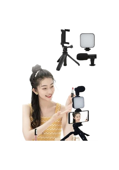 Tripod - 807 - Telefon Tutucu Kumandalı Mikrofon Led Işık Vlog - Csmo-tex - Video Kayıt