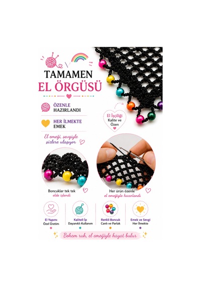 Kadın El Örgüsü Üçgen Bandana Halhal Ayak Bilekliği Hediyeli Bohem Yazlık Saç Bandanası Plaj Tatil Festival Aksesuarı Siyah