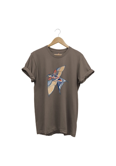 Kırlangıç Kuşu Dekoratif Baskılı %100 Pamuk Regular Fit Unisex T-shirt Kahverengi