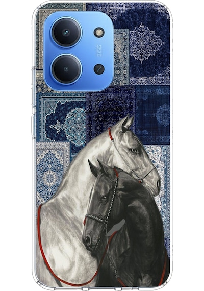 Redmi 15c Uyumlu Mavi Kilim Desenli Siyah Ve Beyaz At Baskılı Silikon Kılıf Renkli