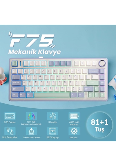 Aula F75 Mekanik Rgb Tkl Ice Vein Switch Kablosuz Makrolu Hot Swap Klavye Pastel