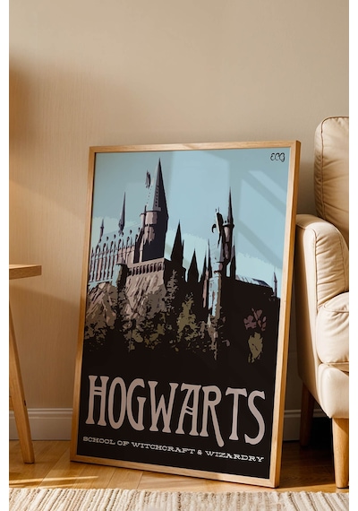 Hogwarts Okulu Minimalist Çerçeveli Tablo - Lüks Harry Potter İllüstrasyon Modern Duvar Dekoru Kayın