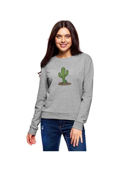 Kaktüs Cactus Baskılı Gri Kadın Sweatshirt