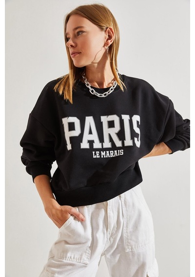 Shade Kadın Paris Baskılı Üç İplik Şardonlu Sweatshirt 40981007 - Siyah