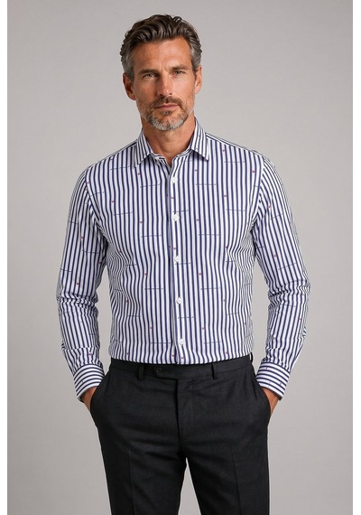 Bisse Lacivert Regular Fit Pamuk Çizgili Spor Yaka Kalın Gömlek Gm23k232057 C39