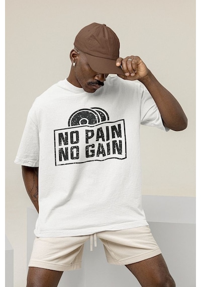 No Pain No Gain Gym Fitness Temalı Oversize Unisex Tişört Beyaz