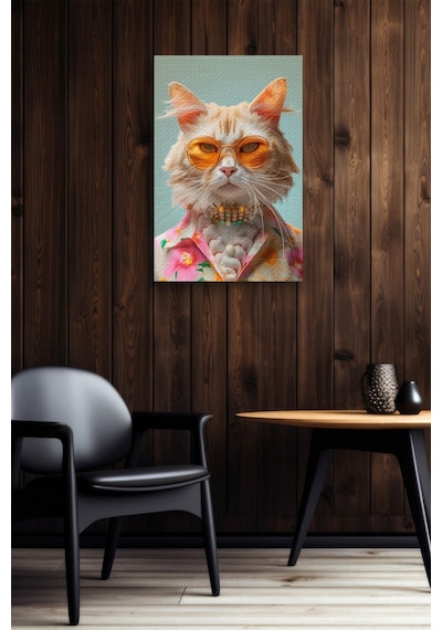 Modernist Kıyafet Giymiş Kedi Yağlı Kanvas Tablo