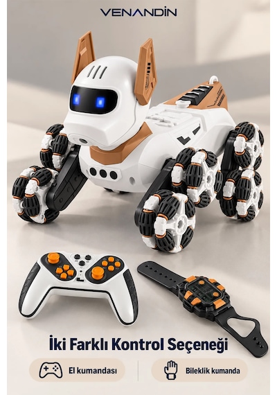 Venandin Turbo Dog Uzaktan Kumandalı Akrobatik Robot Köpek - 8 Tekerlekli, Bileklik Kontrollü, Işıklı Şarjlı Akıllı Oyuncak