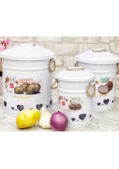Metal Patates Soğan Sarımsak Saklama Kabı 3 Lü Set Saklama Kovası