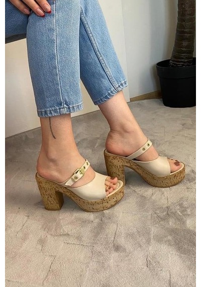 Asmi Shoes Kadın Tena Mantar Taban Platform Topuklu Terlik 10 Cm Snd456 Bej Bej