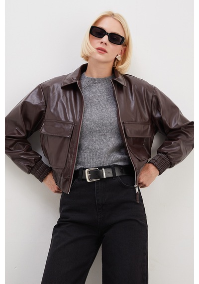 Fullamoda Çift Cepli Polo Yaka Suni Deri Bomber Ceket Bordo