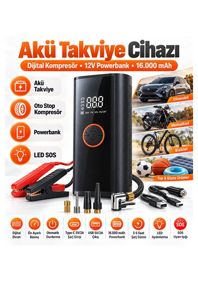 Akü Takviye Cihazı 12v Dijital Hava Kompresörü 16000 Mah Powerbank Otomatik Durdurma Led Sos Çok Amaçlı Şişirme Pompası