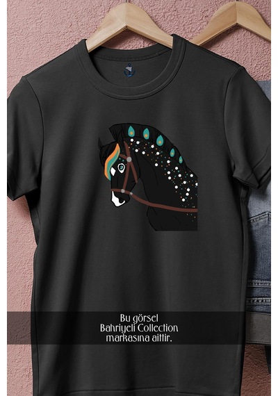 Oversize Mane Halter Mustang Pony Horse Tasarımlı Unisex T-shirt Siyah