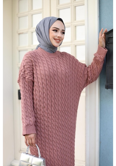 Harman Butik Kadın Örgülü Triko Tesettür Elbise Gül Kurusu Gül Kurusu