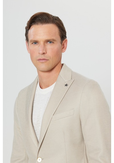 AC&Co / Altınyıldız Classics  Erkek Bej 360 Her Yöne Esneyen Pamuklu Slim Fit Kırlangıç Yaka Armürlü Blazer Ceket Bej