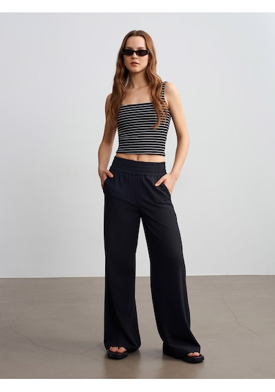 Dilvin 72259 Beli Lastikli Geniş Paça Pantolon-siyah Siyah