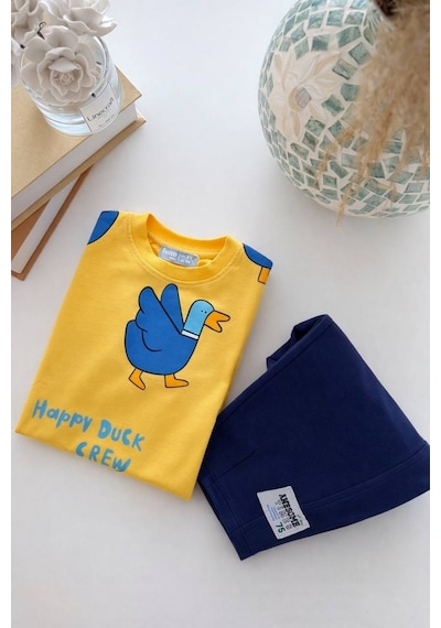 Happy Duck Baskılı Erkek Çocuk Alt - Üst Takım %100 Pamuk Sarı Lacivert Mavi
