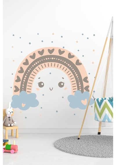 MSticker Bulutlu Gökkuşağı Ve Puantiyeler Çocuk Bebek Odası Duvar Sticker Seti