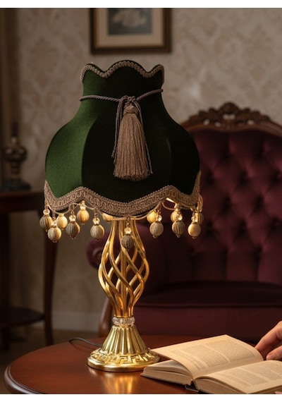 Haki Kadife Kaplı Gold İşlemeli Başlık Metal Burgulu Gold Ayaklı Klasik Model Abajur 50x30cm
