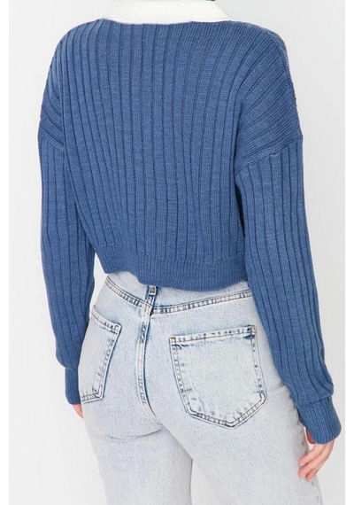 Ersefa Kadın Modern Tarz Regular Bebe Yaka Crop Triko Hırka Indigo