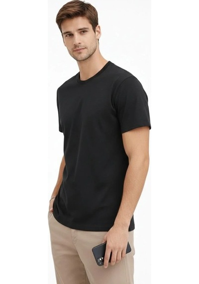 Erkek Bisiklet Yaka Yazlık Kısa Kol Düz Tişört Regular Kalıp T-shirt - Siyah
