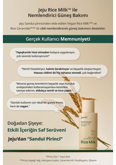 Mineral Filtreli, Nemli Bitişli Güneş Kremi Goodal Vegan Rice Milk Moisturizing Sun Cream Spf50+